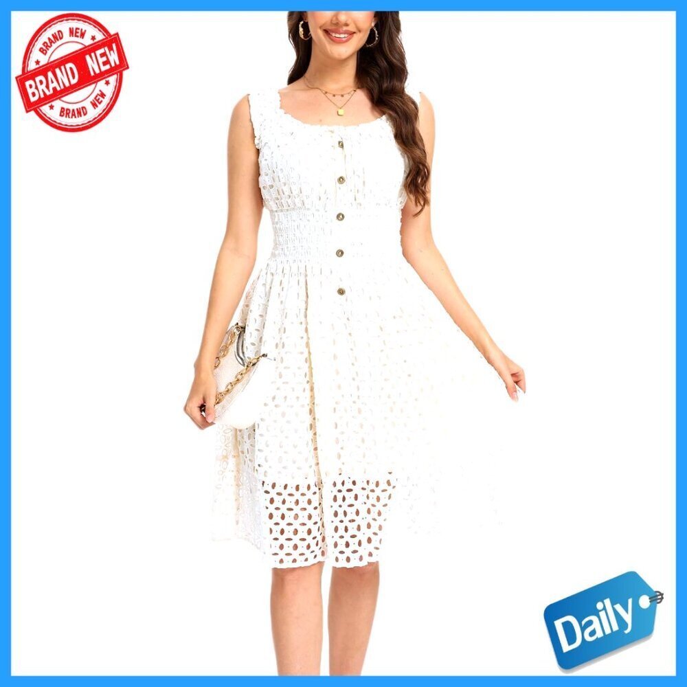 Square Neck Lace Summer Dress Smocked Bodice A-Line Midi Casual Beach